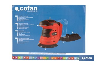 Lijadora orbital a batería | Velocidad de 10.000 rpm | Almohadilla de Ø125 mm con sistema de fijación por velcro | Disponible con y sin batería y cargador - Cofan