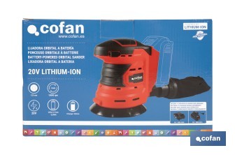 Lijadora orbital a batería | Velocidad de 10.000 rpm | Almohadilla de Ø125 mm con sistema de fijación por velcro | Disponible con y sin batería y cargador - Cofan
