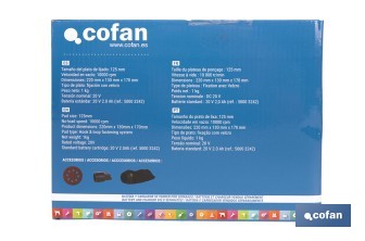Lijadora orbital a batería | Velocidad de 10.000 rpm | Almohadilla de Ø125 mm con sistema de fijación por velcro | Disponible con y sin batería y cargador - Cofan