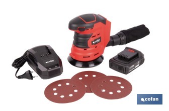 Lijadora orbital a batería | Velocidad de 10.000 rpm | Almohadilla de Ø125 mm con sistema de fijación por velcro | Disponible con y sin batería y cargador - Cofan