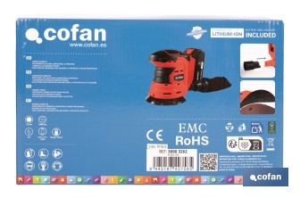 Lijadora orbital a batería | Velocidad de 10.000 rpm | Almohadilla de Ø125 mm con sistema de fijación por velcro | Disponible con y sin batería y cargador - Cofan
