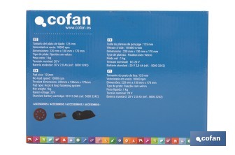 Lijadora orbital a batería | Velocidad de 10.000 rpm | Almohadilla de Ø125 mm con sistema de fijación por velcro | Disponible con y sin batería y cargador - Cofan