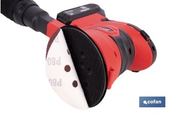 Lijadora orbital a batería | Velocidad de 10.000 rpm | Almohadilla de Ø125 mm con sistema de fijación por velcro | Disponible con y sin batería y cargador - Cofan