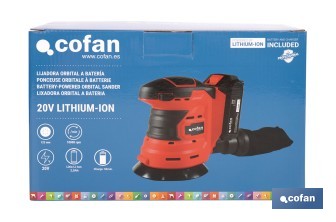Lijadora orbital a batería | Velocidad de 10.000 rpm | Almohadilla de Ø125 mm con sistema de fijación por velcro | Disponible con y sin batería y cargador - Cofan
