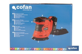 Lijadora orbital a batería | Velocidad de 10.000 rpm | Almohadilla de Ø125 mm con sistema de fijación por velcro | Disponible con y sin batería y cargador - Cofan
