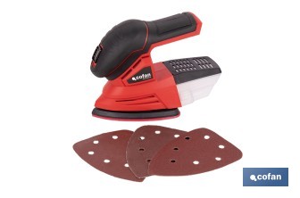 Lijadora Mouse a batería 20 V | Base de 10 x 14 cm | 11.000 rpm | Incluye caja de polvo y 3 hojas de lija | Disponible con y sin batería y cargador - Cofan
