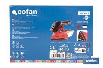 Lijadora Mouse a batería 20 V | Base de 10 x 14 cm | 11.000 rpm | Incluye caja de polvo y 3 hojas de lija | Disponible con y sin batería y cargador - Cofan