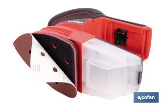 Lijadora Mouse a batería 20 V | Base de 10 x 14 cm | 11.000 rpm | Incluye caja de polvo y 3 hojas de lija | Disponible con y sin batería y cargador - Cofan