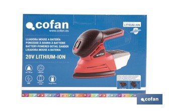 Lijadora Mouse a batería 20 V | Base de 10 x 14 cm | 11.000 rpm | Incluye caja de polvo y 3 hojas de lija | Disponible con y sin batería y cargador - Cofan