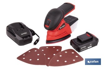 Lijadora Mouse a batería 20 V | Base de 10 x 14 cm | 11.000 rpm | Incluye caja de polvo y 3 hojas de lija | Disponible con y sin batería y cargador - Cofan
