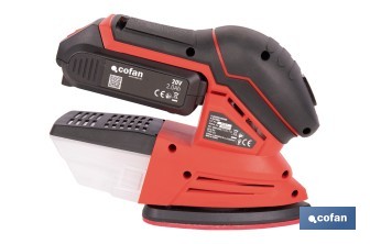Lijadora Mouse a batería 20 V | Base de 10 x 14 cm | 11.000 rpm | Incluye caja de polvo y 3 hojas de lija | Disponible con y sin batería y cargador - Cofan