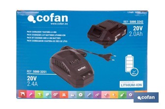 Pack de cargador 20 V 2.4 A + Batería 20 V 2.0 Ah Li-Ion | Compatible con sistema 1 for All | Protección contra sobrecarga y larga duración - Cofan