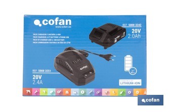 Pack de cargador 20 V 2.4 A + Batería 20 V 2.0 Ah Li-Ion | Compatible con sistema 1 for All | Protección contra sobrecarga y larga duración - Cofan