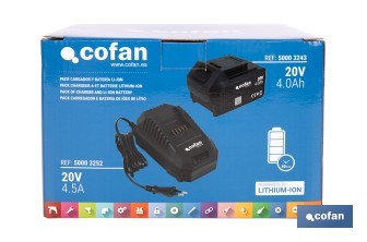 Pack de cargador 20 V 4.5 A + Batería 20 V 4.0 Ah Li-Ion | Compatible con sistema 1 for All | Protección contra sobrecarga y larga duración - Cofan