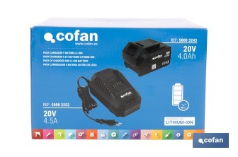 Pack de cargador 20 V 4.5 A + Batería 20 V 4.0 Ah Li-Ion | Compatible con sistema 1 for All | Protección contra sobrecarga y larga duración - Cofan
