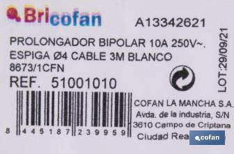 Prolongador de cable bipolar | Apto para enchufe de tipo espiga | Cable de 3 y 5 metros color blanco - Cofan