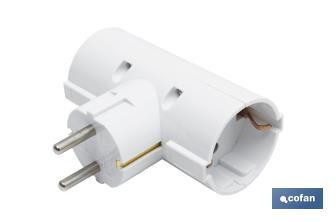 Two-way grounded Schuko socket adapter with 2 poles | White | 16A - 250V - Cofan