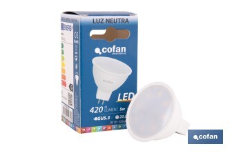 Lámpara LED COB GU-5.3 5W | 4000 K Luz Neutra | 420 lúmenes | Ángulo de 110° | 12V DC | Ahorro Energético del 90% | +50.000 Encendidos | 20.000h de Vida - Cofan