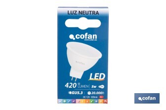 Lámpara LED COB GU-5.3 5W | 4000 K Luz Neutra | 420 lúmenes | Ángulo de 110° | 12V DC | Ahorro Energético del 90% | +50.000 Encendidos | 20.000h de Vida - Cofan