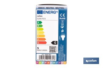 Lámpara LED COB GU-5.3 5W | 4000 K Luz Neutra | 420 lúmenes | Ángulo de 110° | 12V DC | Ahorro Energético del 90% | +50.000 Encendidos | 20.000h de Vida - Cofan