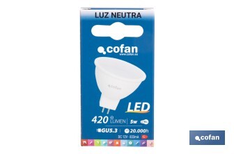 Lámpara LED COB GU-5.3 5W | 4000 K Luz Neutra | 420 lúmenes | Ángulo de 110° | 12V DC | Ahorro Energético del 90% | +50.000 Encendidos | 20.000h de Vida - Cofan