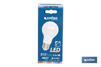 Bombilla Clásica LED con Sensor de Presencia E27 | 8,5 W - 810 lúmenes | 4000 K - luz neutra | Detección 240° <6 m | Ahorro Energético 90% | 25.000 h de Vida - Cofan