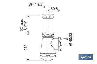 Sifón de Botella Corto | Extensible | Racor de 1" 1/4 | Con Salida de 40 mm | Junta Cónica reductora de Ø32 mm - Cofan