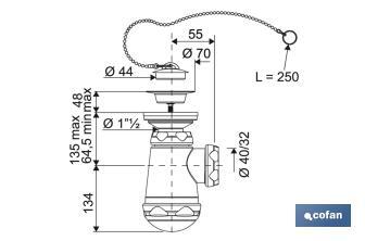 Bottle Trap | With Ø40mm Outlet | With 1" 1/2 x 70 Fitting | Basin and Bidet Valve | Polypropylene - Cofan