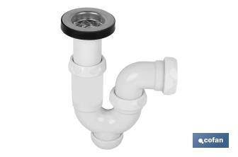 Sifão Curvo | Com saída de Ø40 mm | Com Racor 1 "1/2 x 70 | Válvula para lavatório e bidé | Fabricado em Polipropileno - Cofan