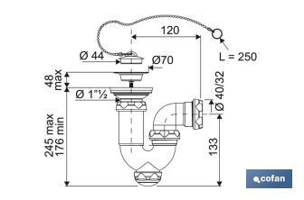 Sifão Curvo | Com saída de Ø40 mm | Com Racor 1 "1/2 x 70 | Válvula para lavatório e bidé | Fabricado em Polipropileno - Cofan