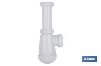 Sifão de garrafa | Com saída de Ø40 mm | Com Racor 1 "1/2 x 70 | Válvula para lavatório e bidé | Fabricado em Polipropileno - Cofan