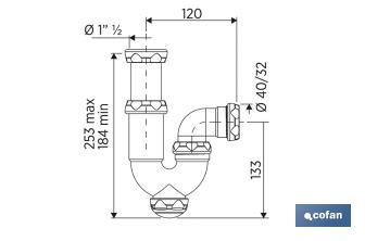 P-Trap | With Ø40mm Outlet | With 1" 1/2 x 70 Fitting | Basin and Bidet Valve | Polypropylene | Ø32mm Conical Reduction Gasket - Cofan