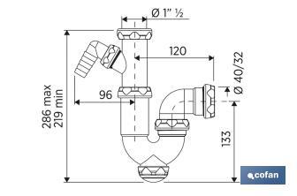 Sifão curvo | Com saída de Ø40 mm | Com racor 1 "1/2 | Fabricado em Polipropileno | Junta cónica redutora Ø32 mm - Cofan