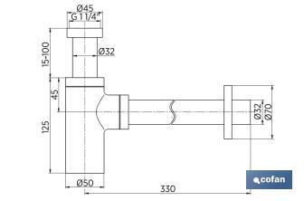 Sifão de garrafa | Extensível | Cromado Cilíndrico | Saída horizontal de 330 mm de comprimento e Ø32 mm - Cofan