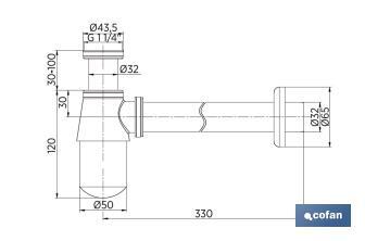 Sifón de botella Cromado | Extensible | Con Salida Horizontal de 330 mm y Ø32 mm | Rosca 1" 1/4 - Cofan