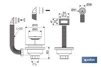 Sink Valve | Size: 1" 1/2 x 115 | Stainless Steel Strainer Plug and Screw | 2 Overflow Pipe Models | Polypropylene - Cofan