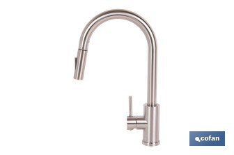 Grifo de cocina extensible giratorio 360° | Material: acero inoxidable 304 | Rociador con 2 funciones | Cartucho cerámico de Ø35 mm | Latiguillos de 50 cm - Cofan