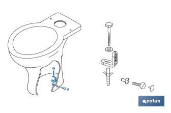 Conjunto de parafusos | Fixação de sanita | Horizontal | Composto por um Suporte, Dois Parafusos, Tampas e bucha - Cofan