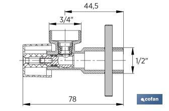 Válvula de Escuadra para Lavadora | Medidas: 1/2" x 3/4" | Fabricada en Latón CV617N | Cierre y Apertura 1/4 de Vuelta - Cofan