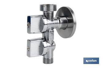 Valve d'Équerre avec Double Sortie | Dimensions : 1/2" x 1/2" X 3/8" | Fabriquée en Laiton CW617N | Filetage d'Entrée de Gaz - Cofan