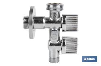 Valve d'Équerre avec Double Sortie | Dimensions : 1/2" x 1/2" X 3/8" | Fabriquée en Laiton CW617N | Filetage d'Entrée de Gaz - Cofan