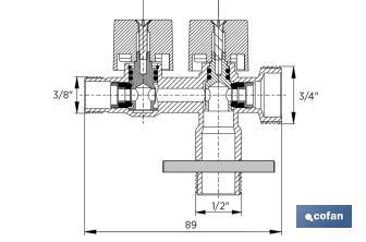 Angle Valve with Double Outlet | Size: 1/2" x 1/2" x 3/8" | Brass CW617N | Gas Inlet Thread - Cofan