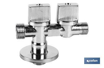 Valve d'Équerre avec Double Sortie | Dimensions : 1/2" x 1/2" X 3/8" | Fabriquée en Laiton CW617N | Filetage d'Entrée de Gaz - Cofan