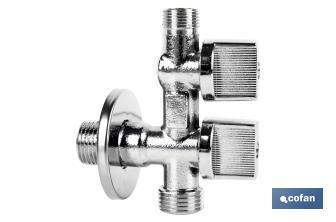 Valve d'Équerre avec Double Sortie | Dimensions : 1/2" x 1/2" X 3/8" | Fabriquée en Laiton CW617N | Filetage d'Entrée de Gaz - Cofan