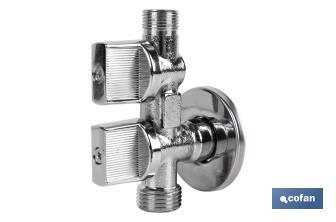 Angle Valve with Double Outlet | Size: 1/2" x 1/2" x 3/8" | Brass CW617N | Gas Inlet Thread - Cofan