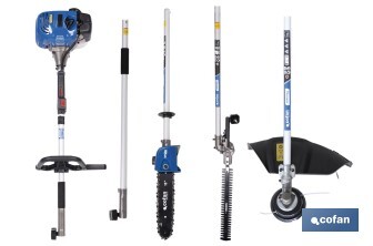 Multiherramienta 4 en 1 de gasolina | Cortabordes, desbrozadora, cortasetos y podador en altura | Motor de 2 tiempos | 51,7 cc | Incluye arnés doble | Accesorios incluidos - Cofan