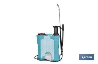 Backpack sprayer | Manual and electric operation | 16-litre capacity | 12V Li-Ion battery | 60cm wand | 4 nozzles | Padded straps - Cofan