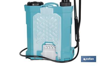 Backpack sprayer | Manual and electric operation | 16-litre capacity | 12V Li-Ion battery | 60cm wand | 4 nozzles | Padded straps - Cofan