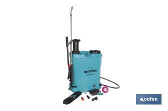 Backpack sprayer | Manual and electric operation | 16-litre capacity | 12V Li-Ion battery | 60cm wand | 4 nozzles | Padded straps - Cofan