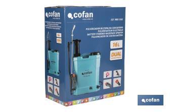 Backpack sprayer | Manual and electric operation | 16-litre capacity | 12V Li-Ion battery | 60cm wand | 4 nozzles | Padded straps - Cofan